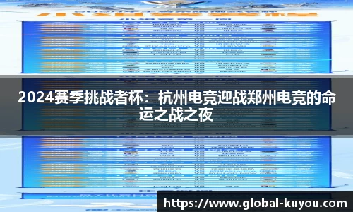 2024赛季挑战者杯：杭州电竞迎战郑州电竞的命运之战之夜